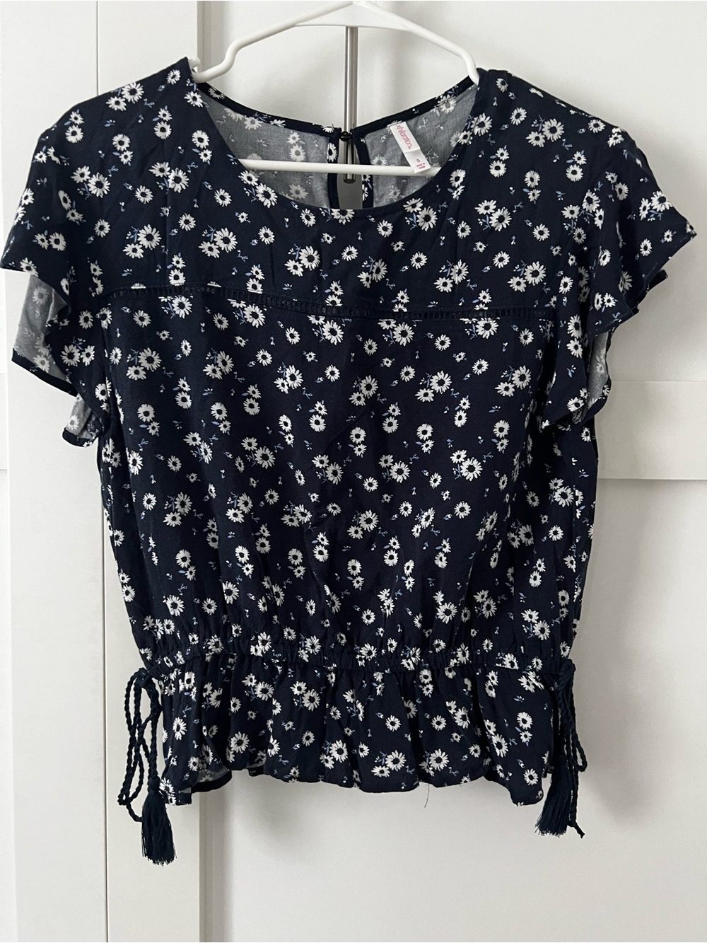 Xhilaration Navy Floral Drawstring Waist Blouse